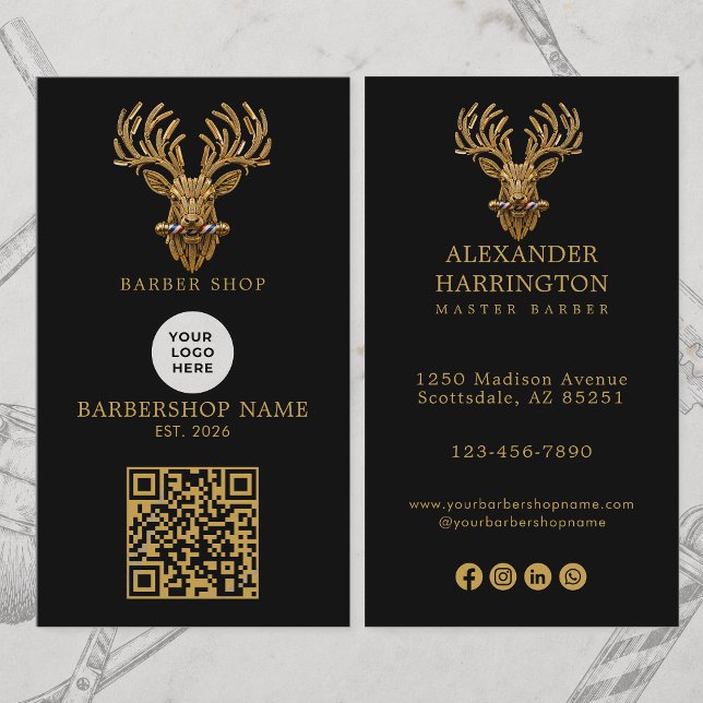 Modernes Goldhirsch-Friseurstab-Logo-Qr-Code Visitenkarte (Von Creator hochgeladen)