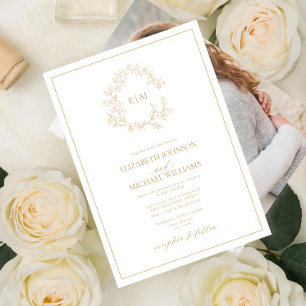 Modernes Goldleafy-Wappen Monogram-Foto Hochzeit Einladung