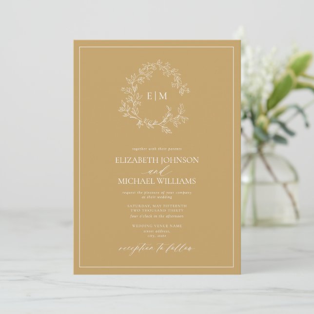 Modernes Goldleafy-Wappen Monogram-Foto Hochzeit Einladung (Stehend Vorderseite)