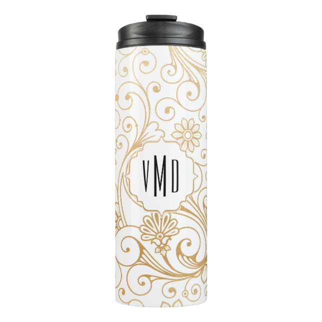 Modernes Goldstrudelmonogramm Thermosbecher (Vorderseite)