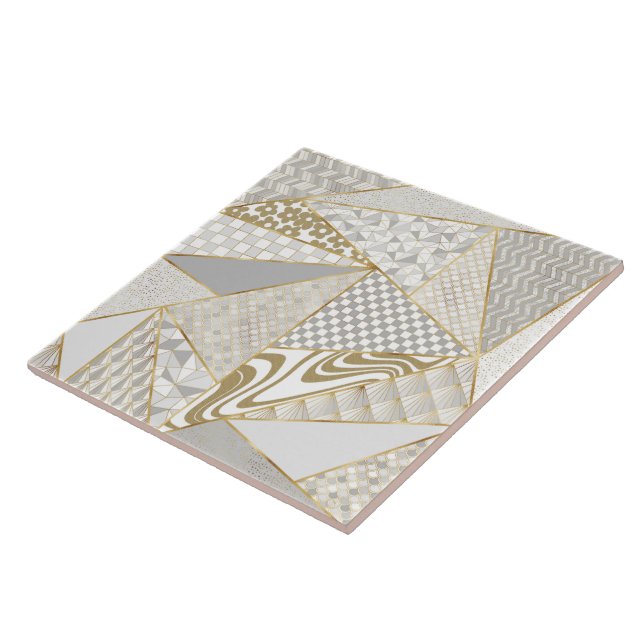 Modernes goldweißes Dreieck Geometrisches Muster Fliese (Seite)