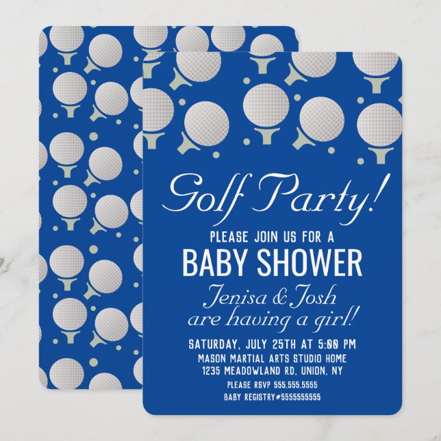 Modernes Golf Balls Baby Dusche Party Blau Einladung (Vorne/Hinten)