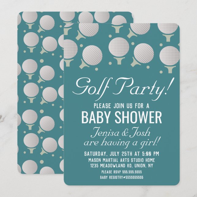 Modernes Golf Balls Baby Dusche Party Blau Einladung (Vorne/Hinten)