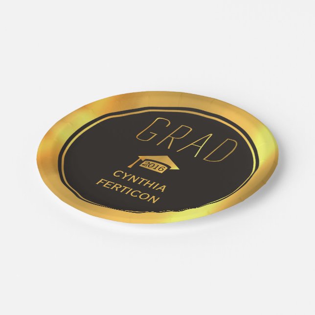 Modernes Grad 2016 Schwarz, Gold-Graduierungskappe Pappteller (Schrägansicht)