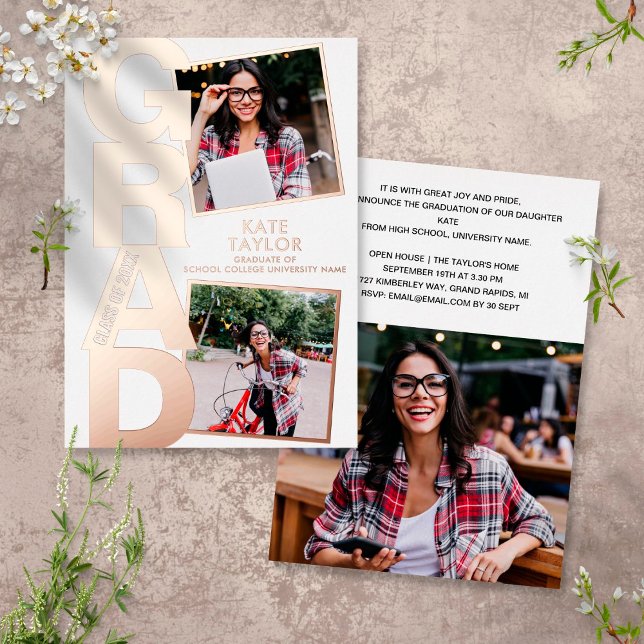 Modernes Grad Party 3 Foto Rose Gold Folieneinladung (Von Creator hochgeladen)