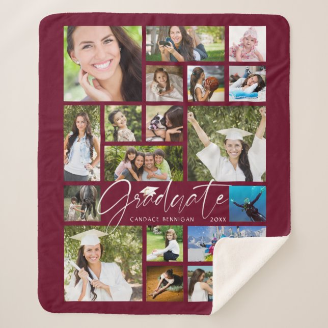 Modernes GRADUATE 19 Foto Collage Script Maroon Sherpadecke (Vorderseite)