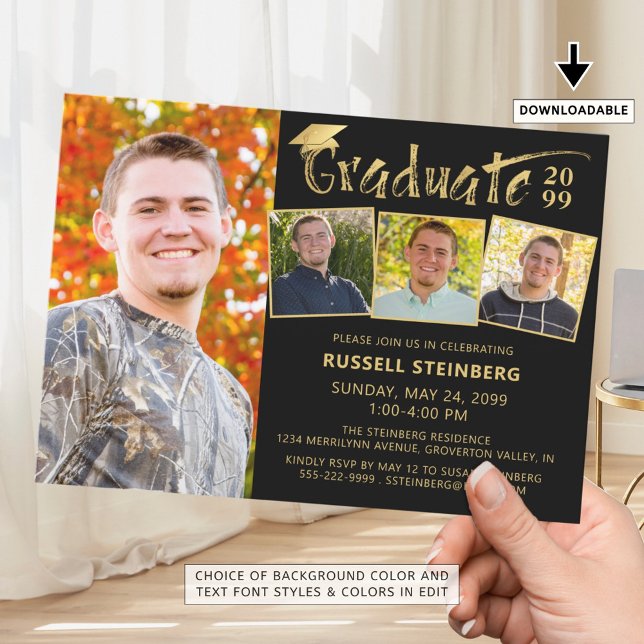 Modernes Graduate 4 Fotos Schwarzes Gold Hand Lett Einladung (Von Creator hochgeladen)