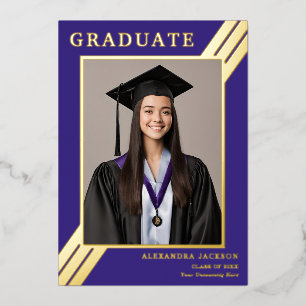 Modernes Graduate Foto Blau und Gold Folieneinladung