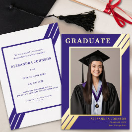 Modernes Graduate Foto Blau und Gold Folieneinladung