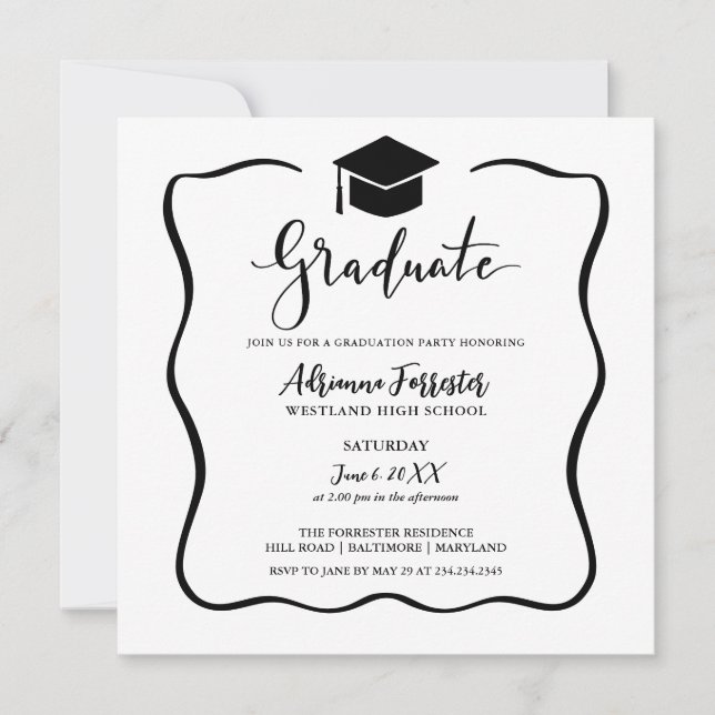 Modernes Graduate Script Lässig Grad Hat Einladung (Vorderseite)