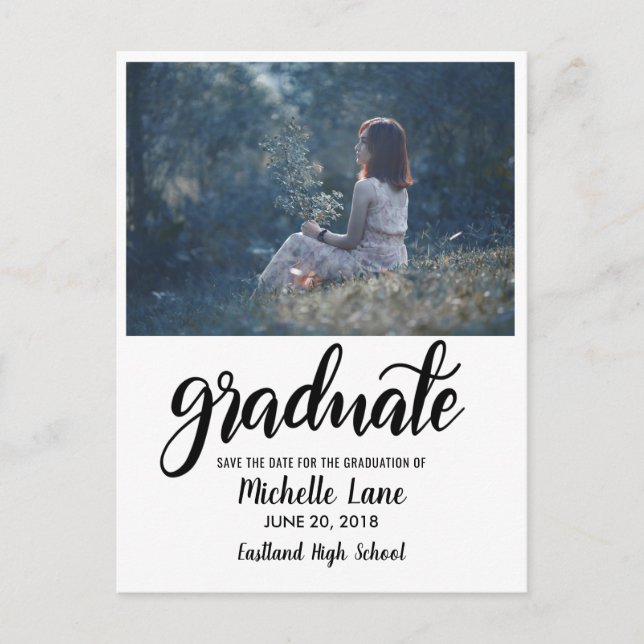 Modernes Graduate Script Save the Date Foto Postkarte (Vorderseite)