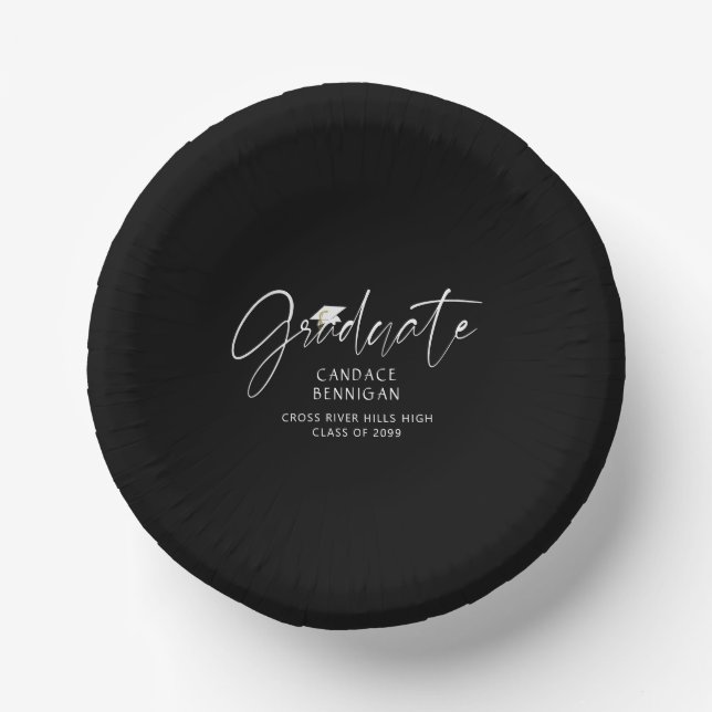 Modernes Graduate Script White Cap Black Pappteller (Vorderseite)