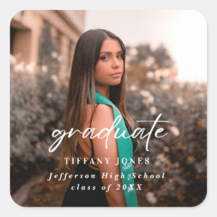 Modernes Graduate White Script 2 Foto Abschluss Quadratischer Aufkleber