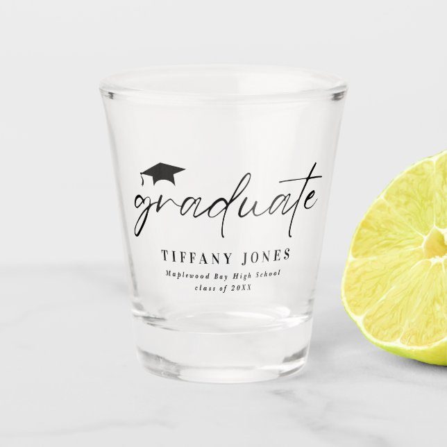 Modernes Graduate White Script 4 Fotos Abschluss Schnapsglas (Vorderseite)