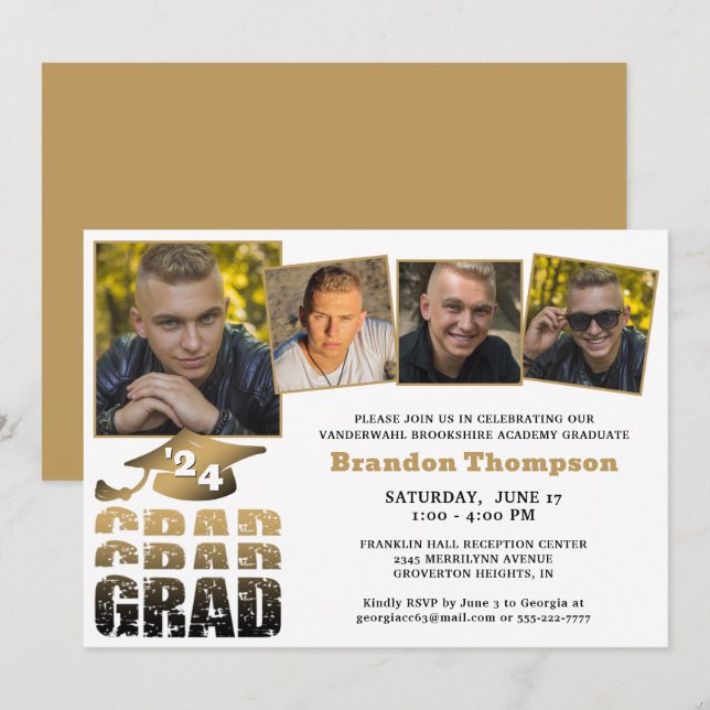 Modernes Graduiertenstudio 4 Fotos Schwarzes Gold Einladung (Vorne/Hinten)