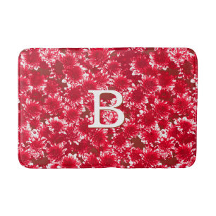 Modernes grafisches Dahlia-Muster, dunkelrot und w Badematte