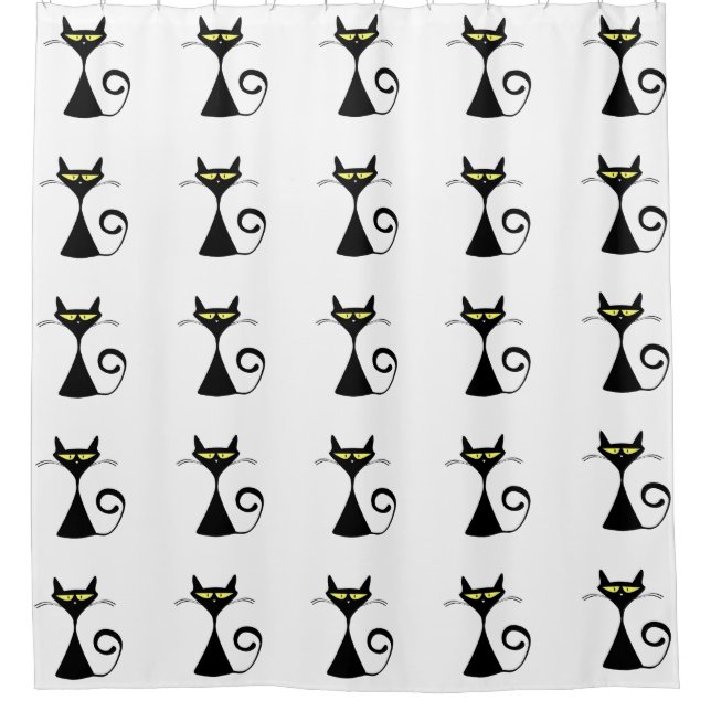 Modernes grafisches schwarze Katzen-Gelb mustert Duschvorhang (Vorderseite)