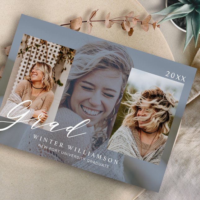 Modernes Grand Script Blue Overlay Grad Drei Foto  Einladung (Von Creator hochgeladen)