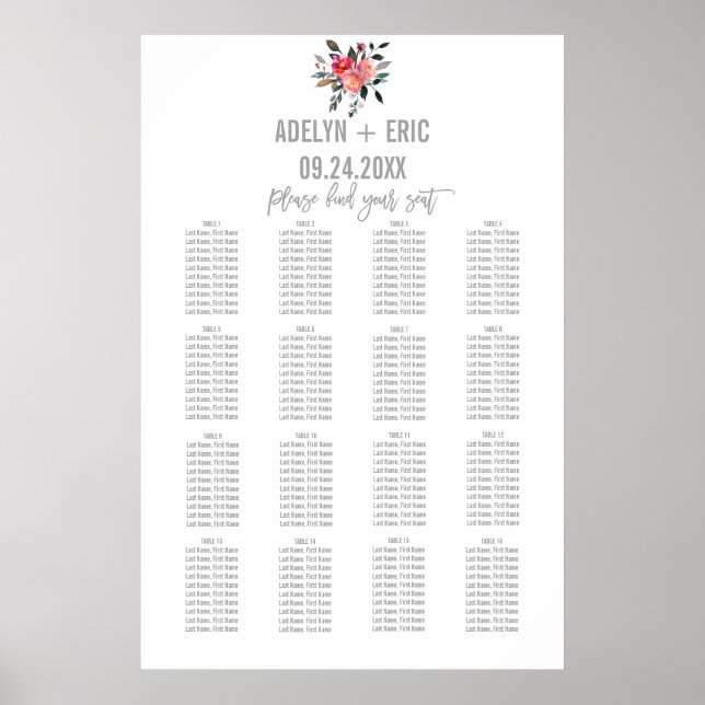 Modernes Grau | Hochzeitsdiagramm der Winter-Blume Poster (Vorne)