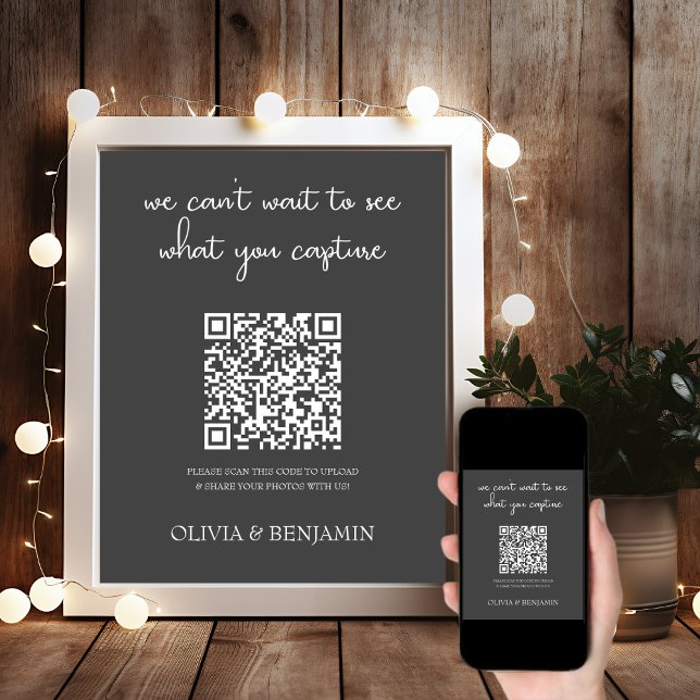 Modernes Grau | Hochzeitsstichtag-Foto QR-Code-Zei Poster (Von Creator hochgeladen)