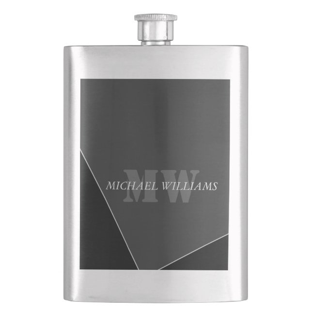 Modernes Grau-Schwarz-Monogramm Flachmann (Vorderseite)