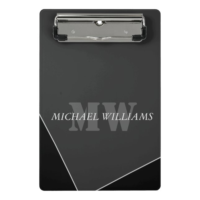 Modernes Grau-Schwarz-Monogramm Mini Klemmbrett (Vorderseite)