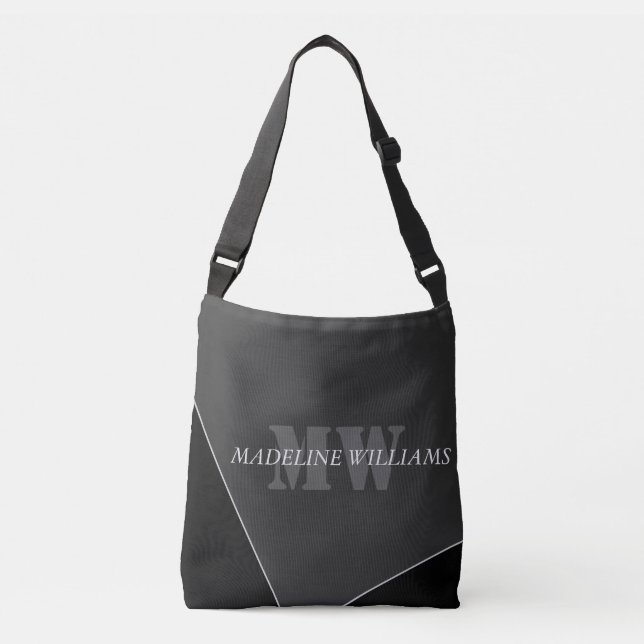 Modernes Grau-Schwarz-Monogramm Tragetaschen Mit Langen Trägern (Vorderseite)