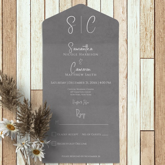 Modernes graues Minimal Monogramm Kein Abendessen All In One Einladung (Von Creator hochgeladen)