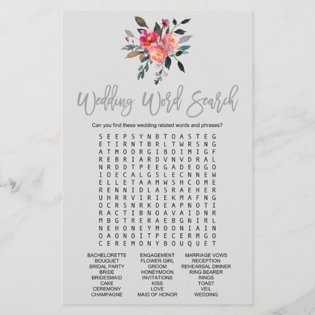 Modernes Graues Spiel "Wedding Word Search" Flyer (Hinten)