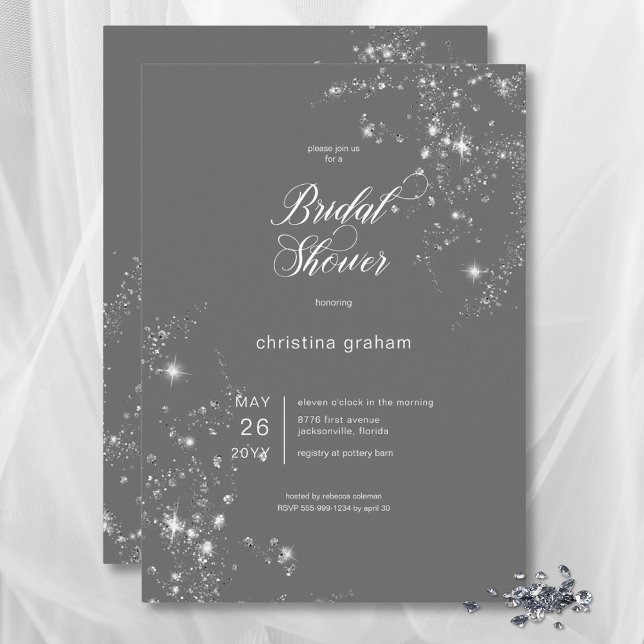Modernes Graues & Weißes Brautparty Diamanten Einladung (Modern Gray & White Glam Diamonds Bridal Shower Invitation)