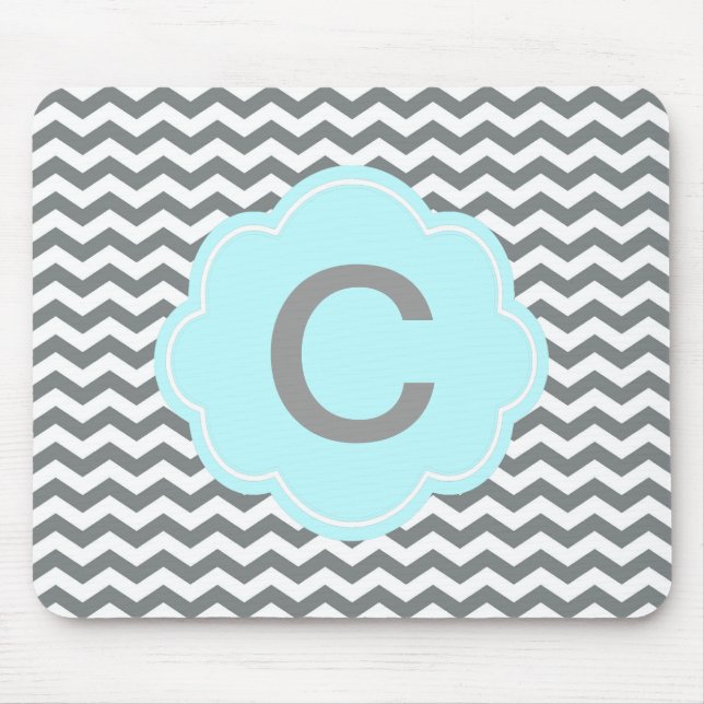 modernes graues, weißes Zickzack Monogramm Mousepad (Vorne)