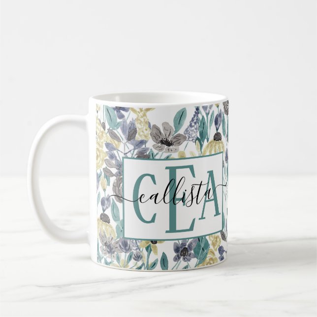Modernes Graugelbes Floral-Aquarellmonogramm Kaffeetasse (Links)