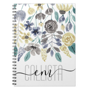 Modernes Graugelbes Floral-Aquarellmonogramm Notizblock