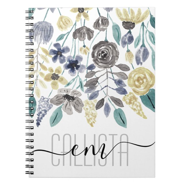 Modernes Graugelbes Floral-Aquarellmonogramm Notizblock (Vorderseite)