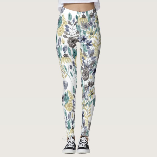 Modernes graugelbes, florales Wasserfarbmuster Leggings (Vorderseite)
