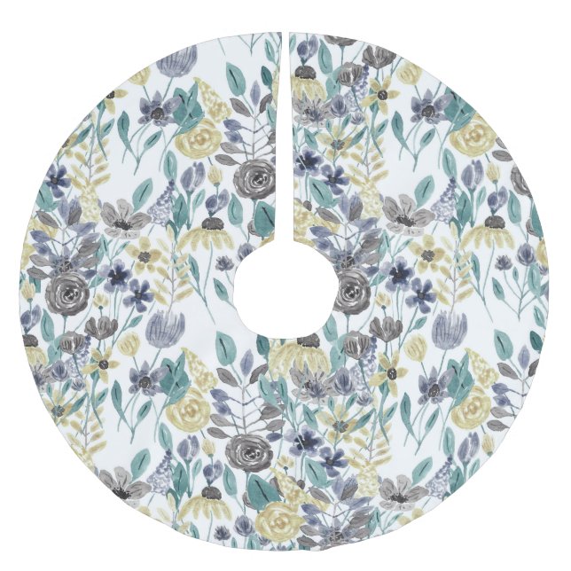 Modernes graugelbes, florales Wasserfarbmuster Polyester Weihnachtsbaumdecke (Vorderseite)