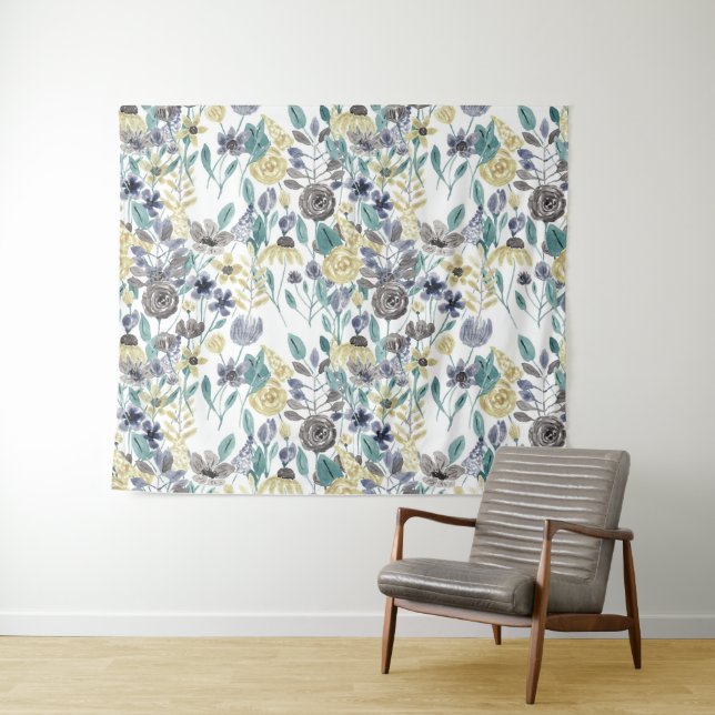 Modernes graugelbes, florales Wasserfarbmuster Wandteppich (Beispiel (Horizontal))