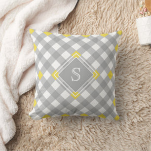 Modernes Graugelbes Gingham Monogramm Kissen