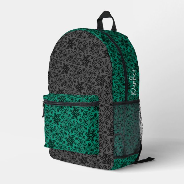 Modernes graugrünes Blumenmuster Muster - Name hin Bedruckter Rucksack (Rückseitige Ecke Rechts)