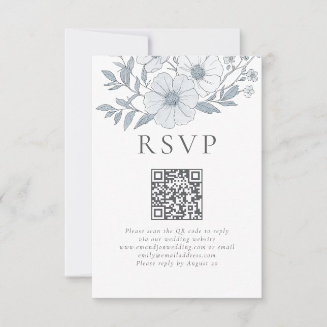 Modernes Gray Florals QR Code Wedding RSVP Karte (Vorderseite)