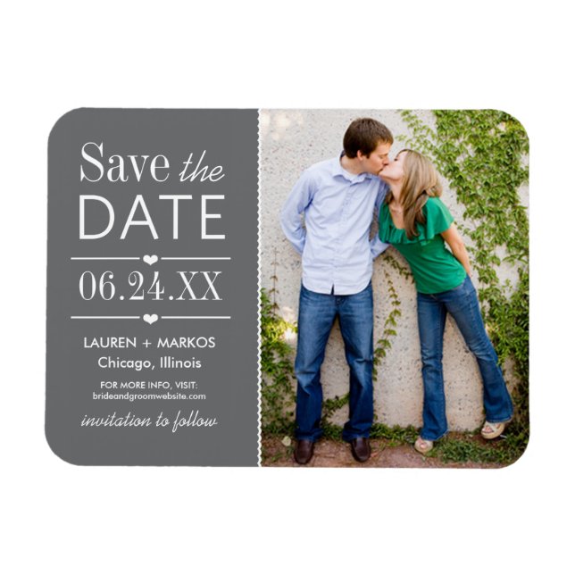 Modernes Gray Hearts Wedding Foto Save the Date Magnet (Horizontal)
