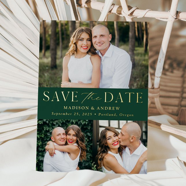 Modernes Green and Gold Foil 3 Foto Save the Date Folieneinladung (Von Creator hochgeladen)