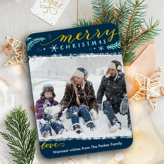 Modernes Green Gold Script Foto Holiday Magnet (Von Creator hochgeladen)