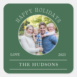Modernes Green Happy Holidays Round Foto Quadratischer Aufkleber