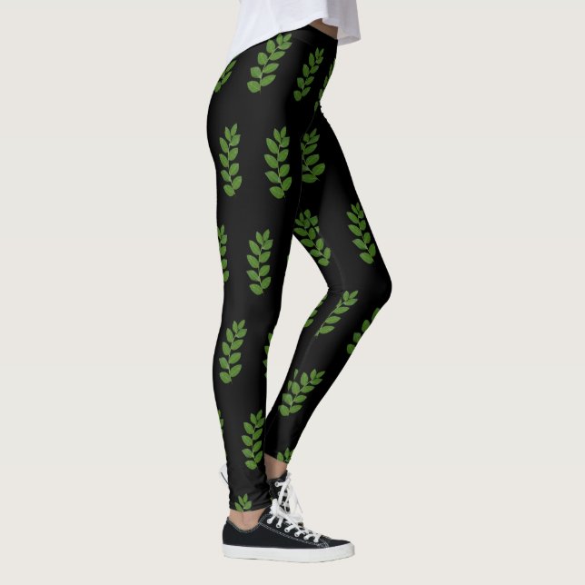 Modernes Green Laurel Leaf Muster auf schwarz Leggings (Rechts)