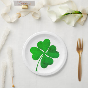 Modernes Green Lucky 4 Blätter Herz Clover Kleebla Pappteller