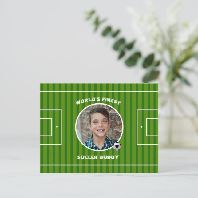Modernes Green Soccer Sports Field Custom Foto Postkarte (Stehend Vorderseite)