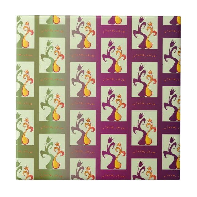 Modernes Green und lila Tulip Couple-Muster Fliese (Vorderseite)