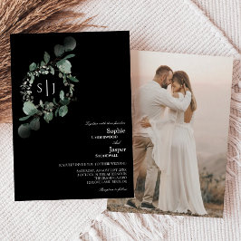 Modernes Greenery Black Monogram Foto Wedding Einladung