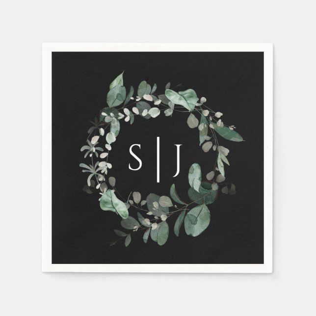 Modernes Greenery Black Wedding Monogram Serviette (Vorderseite)